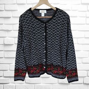 Tally Ho Black and White Patterned Cardigan with Red Accent Border